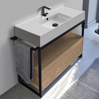 Console Bathroom Vanity Console Sink Vanity With Ceramic Sink and Natural Brown Oak Drawer Scarabeo 5124-SOL1-89